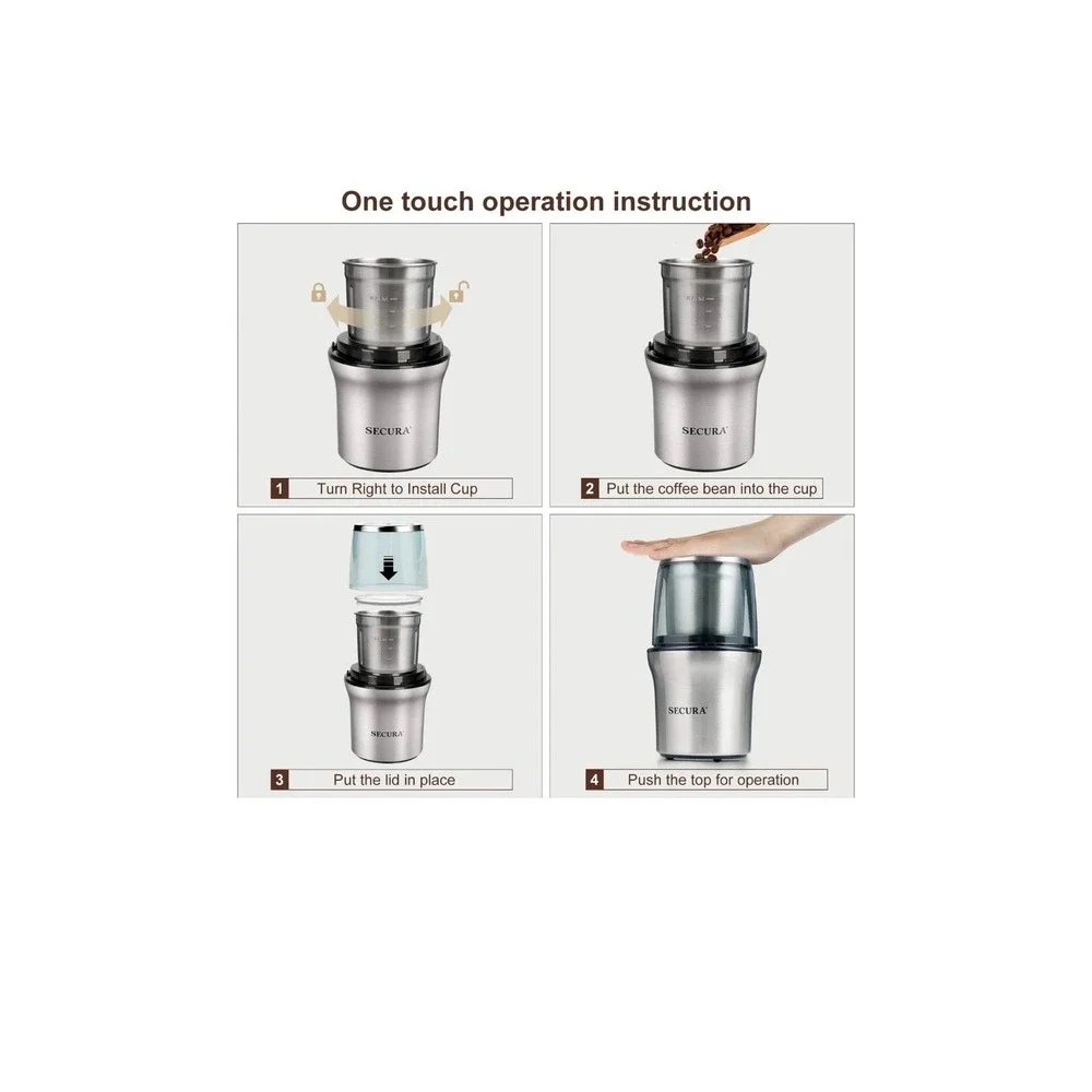 Secura Electric Coffee Grinder and Spice Grinder with 2 Stainless Steel Blade...